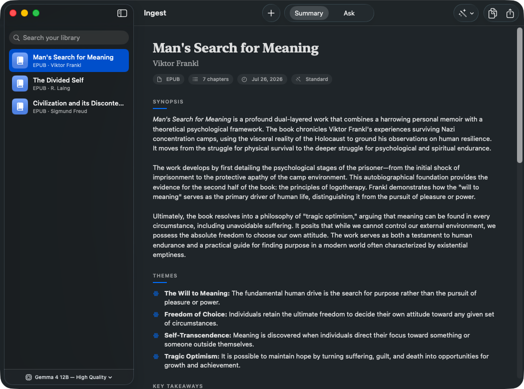 Ingest showing a summary of Man's Search for Meaning, with a synopsis and themes